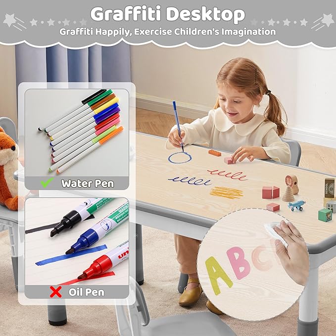 Toddler Table, 7 Level Height Adjustable Kids Play Furniture for Ages 3-8, Rectangular Plastic, 23.6" W x23.6 L, Multi-Activity Desk with Graffiti Desktop for Home & Daycare