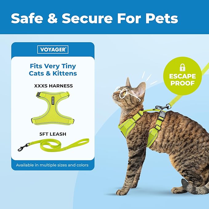 Voyager Escape Proof Cat Harness and Leash Set with Reflective Stitching, Neoprene Handle 5ft - Supports Small, Medium and Large Cats, Kittens for Walking by Best Pet Supplies - Lime, XXXS