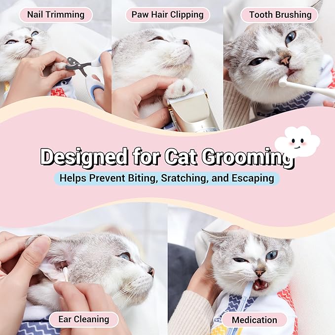 27.5" Large Cat Wrap for Nail Trimming，Self-adherent Cat Grooming Wrap for Cat & Small Dog, Anti-Scratch Cat Swaddle Burrito Wrap for Medicine,Nail Clipping,Ear Cleaning,Teeth Brushing - Cute Pattern