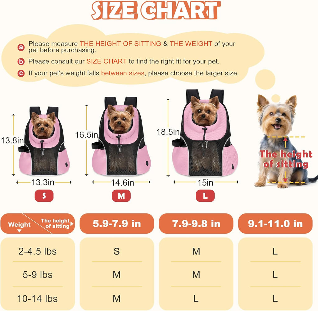 WOYYHO Pet Dog Carrier Backpack Small Dog Front Backpack Ventilated Mesh Dog Travel Back Pack with Safety Belt for Travel Hiking Cycling Outdoor Adventures (Size M: 5-9 lbs, Pink)