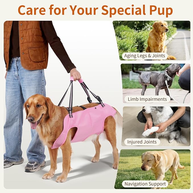 Full Body Dog Lift Harness, Support Senior & Disabled Dogs Walking | Help Up & Down Stairs Grooming, Dog Sling Backpack, Front Hind Leg Joint Injuries, Reflective, Soft Padded Handle | Pink, L