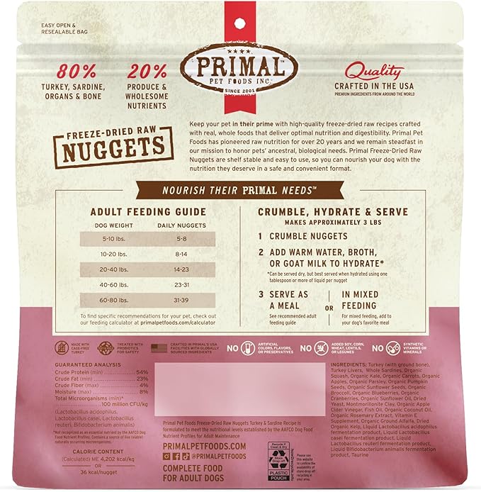 Primal Freeze Dried Raw Dog Food Nuggets, Turkey & Sardine Complete & Balanced Meal, Also Use as Topper or Treat, Premium, Healthy, Grain Free, High Protein Raw Dog Food, 14 oz
