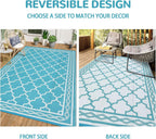 GAOMON Outdoor Rug Waterproof 8'x10', Reversible Outdoor Plastic Straw Rug, Boho Patio Rug, Indoor Outdoor Carpet, RV Mat Outside for Patio, Camp, Picnic, Balcony, Deck, Teal/White(Geometric)