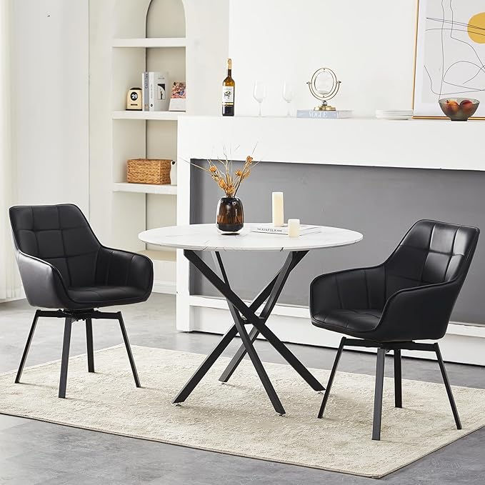 TUKAILAi Swivel Dining Chairs Set of 2, PU Armchairs Upholstered Accent Dining Chairs with Metal Legs, Rotatable Desk Chair for Home Office Kitchen Chair Restaurant (Black)