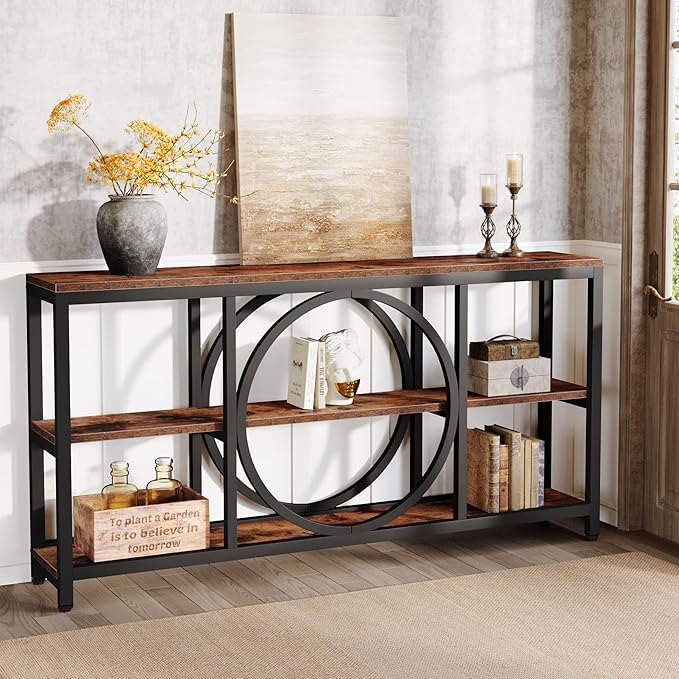 Tribesigns 70.9 Inch Extra Long Console Table for Entryway, Sofa Table Behind Couch with 3 Tier Wood Storage Shelves Industrial Metal Frame for Living Room Hallway Entryway, Brown Black