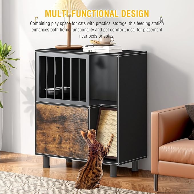 Dog Proof Cat Feeding Station, Cat Feeding Station with Scratching Board, Raised Bowls for Indoor Cats, Elevated Food Bowls with Stand, Vintage Black Furniture