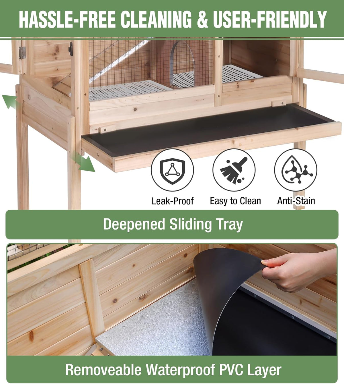 GUTINNEEN Guinea Pig Cage Rabbit Cage Indoor with Chew-Proof Edges, Clean Deep Tray, Leakproof PVC Layer, Small Animals Cage with Adjustable Legs - Natural Wood Color