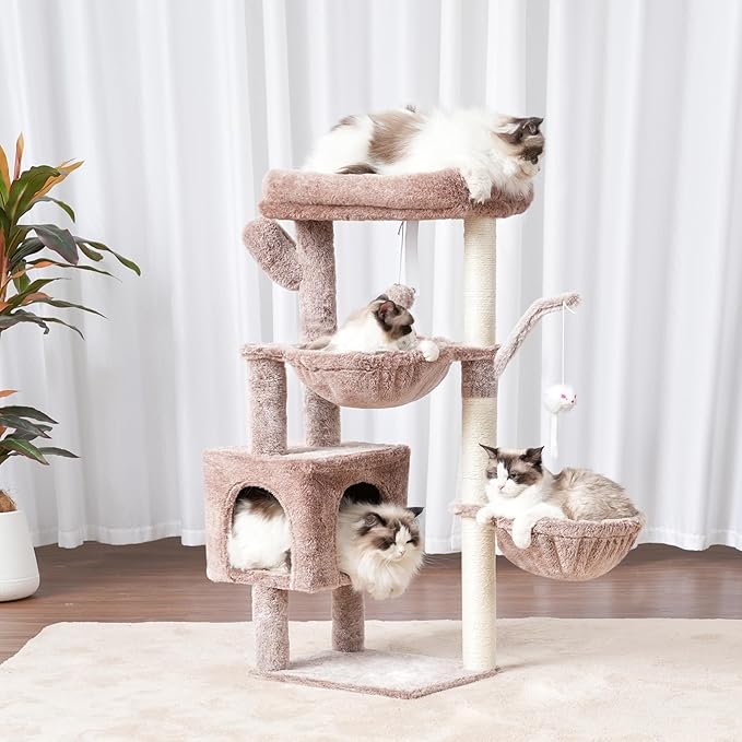 Heybly Cat Tree, 39.4 Inches Tower Condo with Scratching Post, Cat Tower for Indoor Cats, Fully Wrapped Sisal Pole, Soft Platform, 2 Baskets and Dangling Toy, Muchroom HCT006SMU