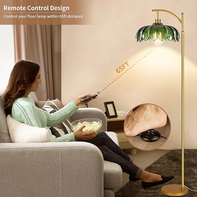 Arc Floor Lamps for Living Room Gold Floor Lamp with Remote Control,Dimmable Floor Lamp with Glass Lampshade,Vintage Mid Century Modern Standing Lamp Tall Flower Lamps for Bedroom Corner
