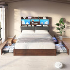 Full Farmhouse Bed Frame with Bookcase Headboard and 4 Drawers, LED Storage Bed with Charging Station & Linen Upholstered, No Box Spring Needed, Reclaimed Barnwood