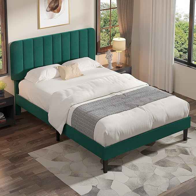 VECELO Queen Size Bed Frame with Upholstered Headboard, Velvet Platform Bedframe Mattress Foundation, Strong Wood Slat Support, No Box Spring Needed,Green