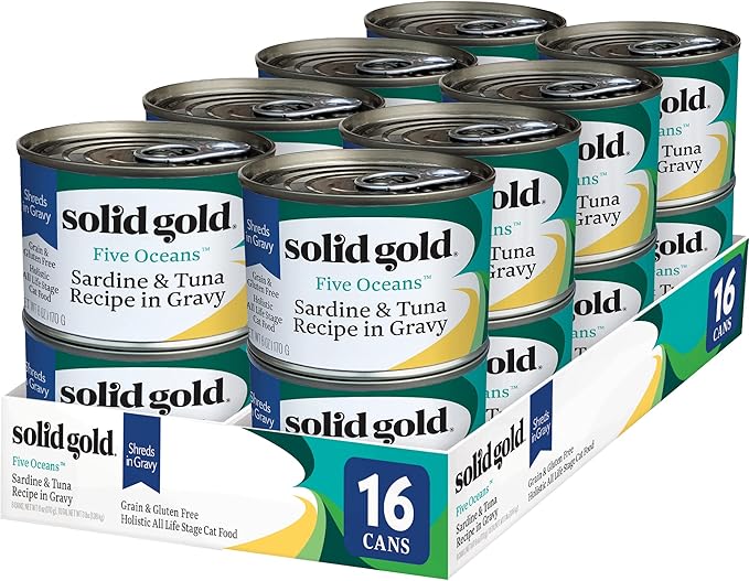 Solid Gold Wet Cat Food Shreds in Gravy - Canned Cat Food Made w/Real Tuna & Sardine - Five Oceans Grain Free 16ct/6oz Can