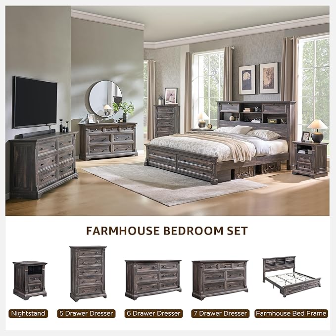 Farmhouse King Size Bed Frame with 54" Tall Headboard, Headboard with 4 Storage Rack, 2 Drawers, 18" Roman Column Decoration Footboard, Wood Platform Bed Frame, No Box Spring Needed(Dark Rustic Oak)
