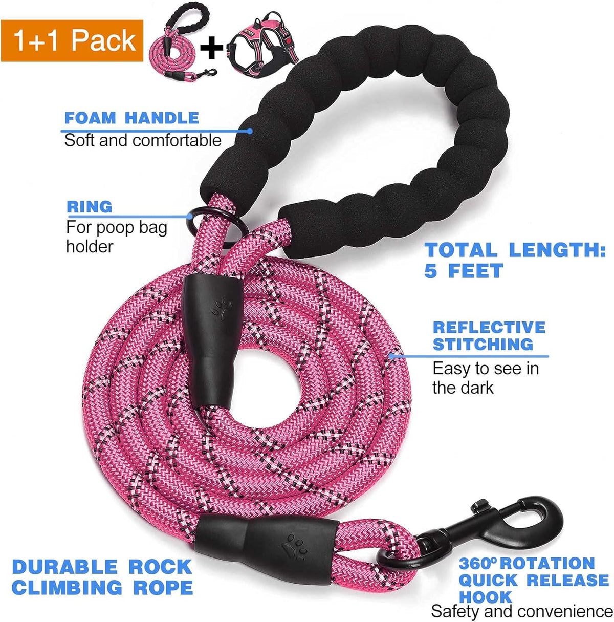 No Pull Dog Harness Adjustable Reflective Oxford Easy Control Medium Large Dog Harness with A Free Heavy Duty 5ft Dog Leash (XL (Neck: 21.5"-33", Chest: 30"-39.5"), Pink Harness+Leash)