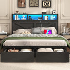 Farmhouse Full Bed Frame with Bookcase Storage Headboard, Charging Station, LED Light and 2 Storage Drawers, Noise Free, No Box Spring Needed, Black