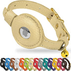 OOPSDOGGY Leather AirTag Cat Collar with Bell - Non Breakaway Kitten Collar with Apple Air Tag Holder - Lightweight GPS Pet Collars for Girl Boy Cats, Small Dogs, Puppies (Beige)