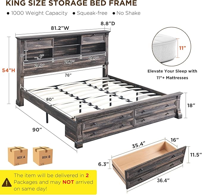 Farmhouse King Size Bed Frame with 54" Tall Headboard, Headboard with 4 Storage Rack, 2 Drawers, 18" Roman Column Decoration Footboard, Wood Platform Bed Frame, No Box Spring Needed(Dark Rustic Oak)