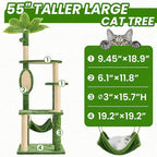 55 Inch Large Cat Tree Tower for Indoor Cats with Hammock Green Leaves Sisal Scratching Post, Plush Hang Ball Play Furniture for Kittens & Adult Cats, Green