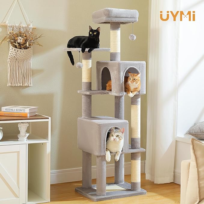 62" Cat Tree for Indoor Cats, Multi-Level Cat Tower with 2 Spacious Condos, Dual Top Perches, Scratching Pad, 4 Scratching Posts, 2 Pompoms, Grey