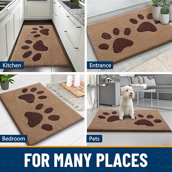 Smiry Dog Door Mat for Muddy Paws, Absorbs Moisture and Dirt, Low-Profile Entryway Mat with Non-Slip Backing, Entry Indoor Outdoor Doormat for Inside Floor (48x30 Inches, Beige, Paw)