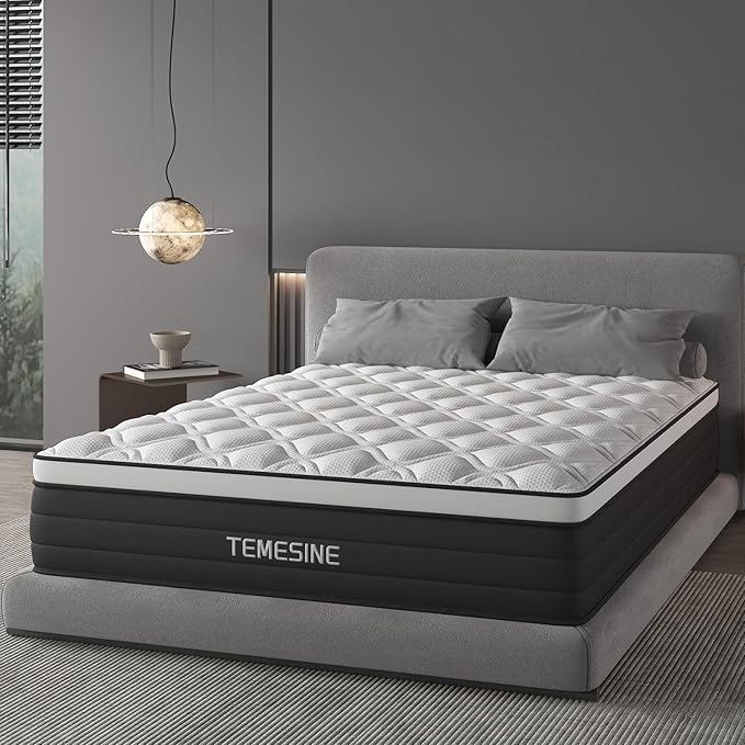 Queen Mattress, 12 Inch Hybrid Mattress in a Box with Individual Pocket Spring, Gel Memory Foam and Euro Top, Medium Firm Feel with Motion Isolation, Pressure Relief, Edge Support,Queen Size Black