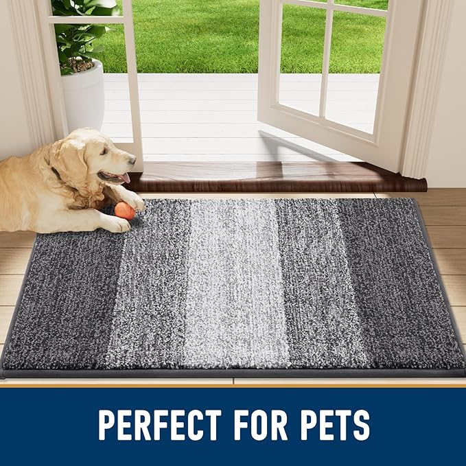 Smiry Dog Door Mat for Muddy Paws, Absorbs Moisture and Dirt, Low-Profile Entryway Mat with Non-Slip Backing, Entry Indoor Outdoor Doormat for Inside Floor (40x32 Inches, Grey, Striped)