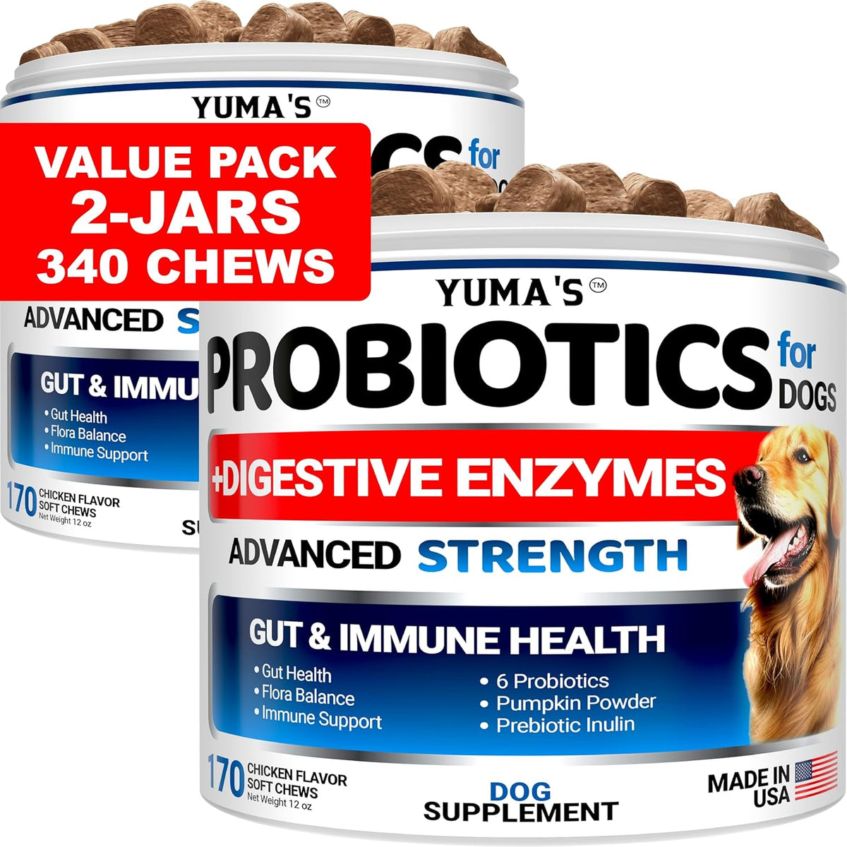 YUMA'S 2 Pack Probiotics for Dogs and Digestive Enzymes - Dog Probiotics Chews - Dog Probiotic - Anti Diarrhea, Upset Stomach & Gas Relief, Constipation, Canine Prebiotic - Pet Fiber Supplement
