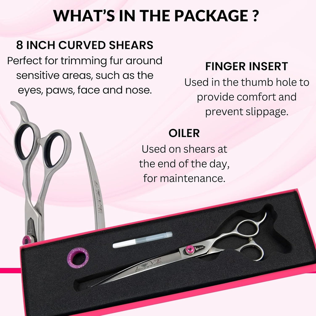 Kenchii Love Left Handed Dog Grooming Scissors, 8 Inch Curved Shears, Dog Scissors for Grooming, Professional Pet Grooming Scissors, Ergonomic & Comfortable