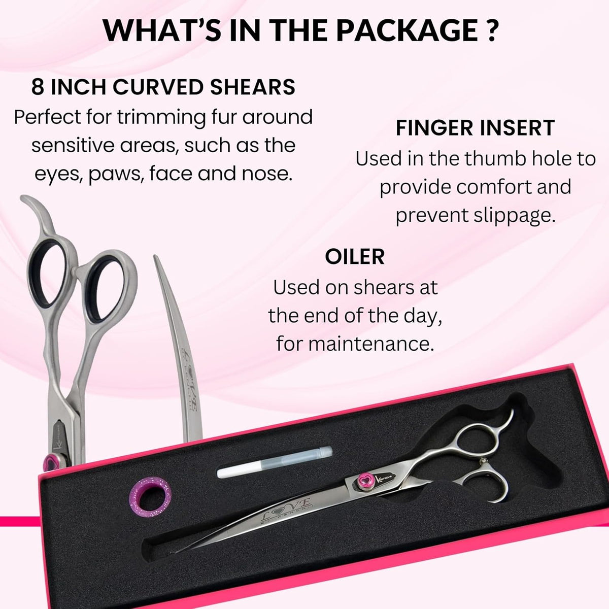 Kenchii Love Left Handed Dog Grooming Scissors, 8 Inch Curved Shears, Dog Scissors for Grooming, Professional Pet Grooming Scissors, Ergonomic & Comfortable
