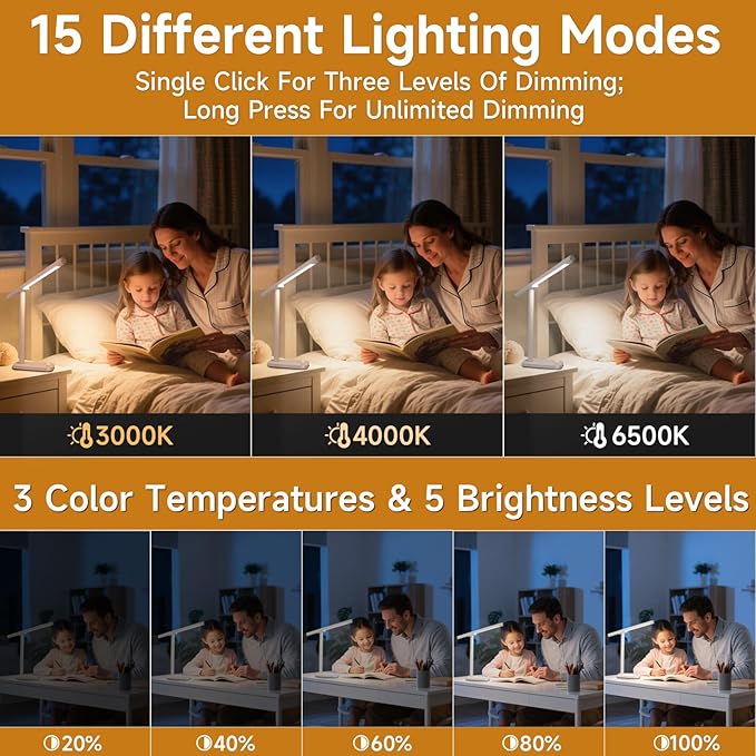 Magnetic Led Desk Lamp: 2 in 1 Reading Lamp with USB Charging Port for Home Bedroom Office Study | Dorm Desk Lamp with 3500-6500k Touch Control Dimming | 5 Brightness Levels | White