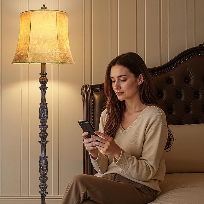 Scenekoy Vintage 66” Tall Floor Lamp for Living Room Bedroom, Retro Resin Carved Standing Lamp with Faux Leather Shade, 3-Way Adjustable Bulb, Rotary Switch Rustic Corner Light for Home Decor