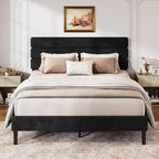 WLIVE Queen Size Upholstered Bed Frame, Velvet Square Tufted Headboard,Sturdy Metal & Wooden Slats Support, No Box Spring Needed, Black