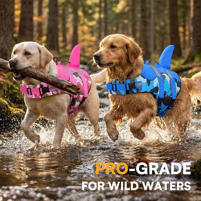 Dog Life Jacket Ripstop Dog Shark Safety Vest Adjustable Preserver with High Buoyancy and Durable Rescue Handle for Small,Medium,Large Dogs, Blue Camouflage X-Large