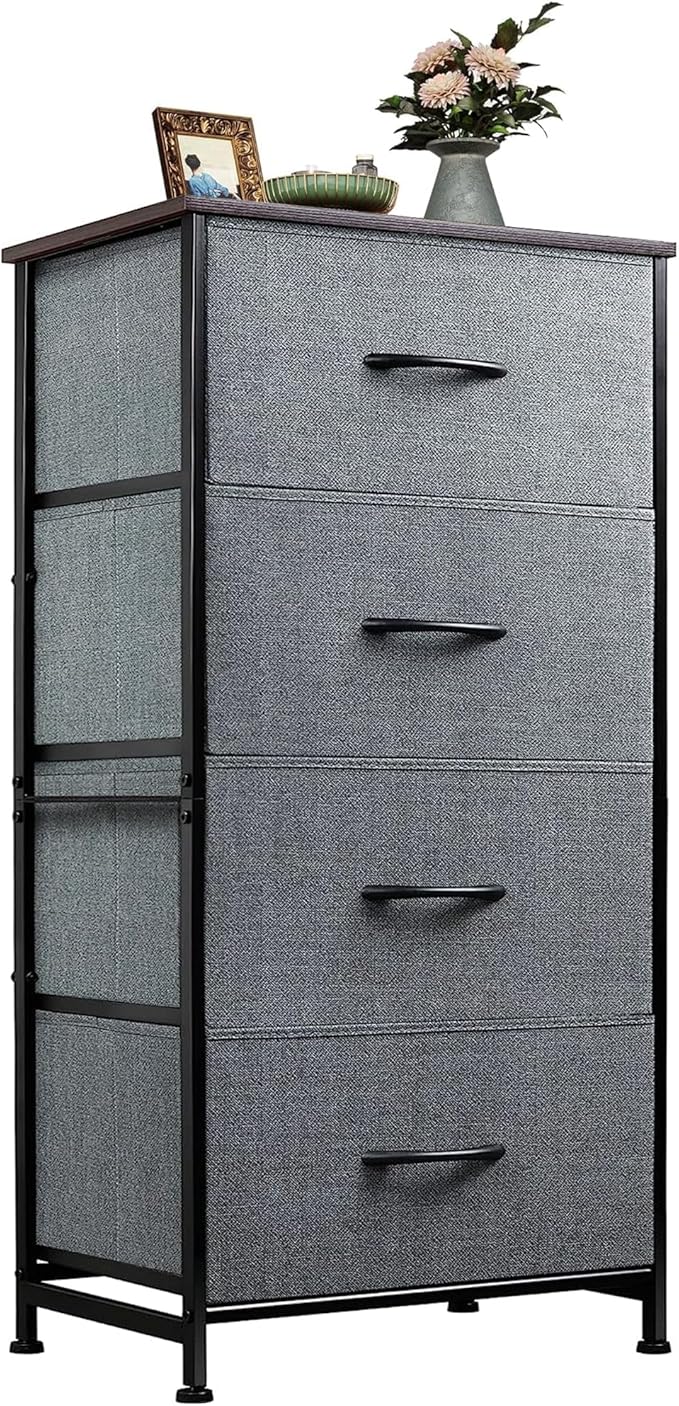 WLIVE Dresser with 4 Drawers, Storage Tower, Organizer Unit, Fabric Dresser for Bedroom, Hallway, Entryway, Closets, Sturdy Steel Frame, Wood Top, Easy Pull Handle, Dark Grey