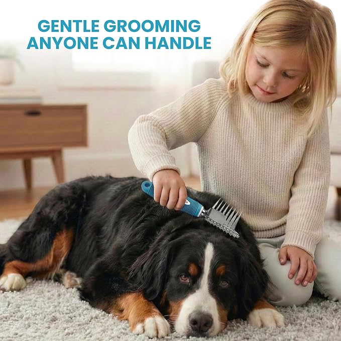 Poodle Dematting Fur Rake Comb Brush for Dogs and Cats - Long 2.5" Steel Safety Blades Metal Comb for Detangling Matted or Knotted Undercoat Hair