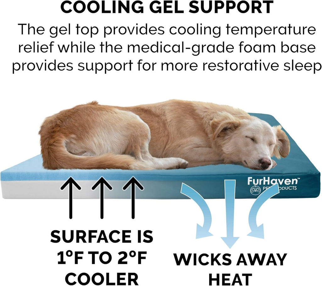 Furhaven Water-Resistant Cooling Gel Dog Bed for Medium/Small Dogs w/ Removable Washable Cover, For Dogs Up to 35 lbs - Indoor/Outdoor Logo Print Oxford Polycanvas Mattress - Deep Lagoon, Medium
