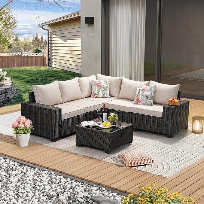 6 Pieces Patio Furniture Set All-Weather Outdoor Wicker Sectional Conversation Sofa Rattan Patio Seating Sofa with Cushion and Glass Table for Porch Poolside,Beige