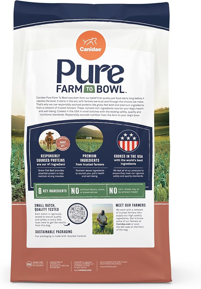CANIDAE Pure Farm to Bowl Grass-Fed Beef & Barley Dry Dog Food, Adult, 22lb