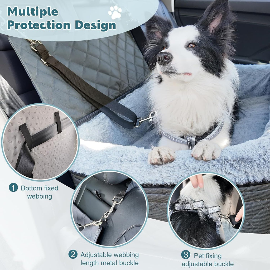 Dog Car Seat for Large/Medium Pet, Anti Slip Bottom Dogs Booster Seat for All Seasons,Pet Travel Bed with Thick Dog Sofa Cushion, Storage Pockets 2 Safety Leashes