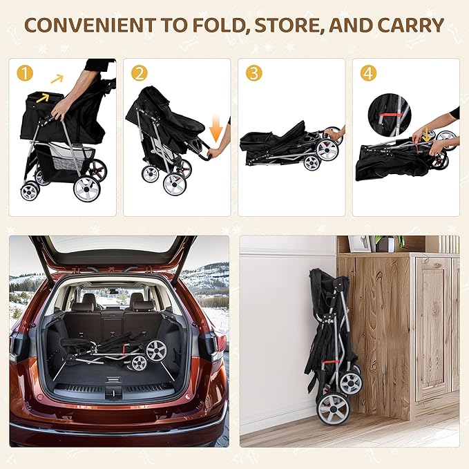 ZENY Foldable Pet Stroller, Cat/Dog Stroller with 4 Wheel, Pet Travel Carrier Strolling Cart with Storage Basket, Cup Holder (Black)