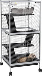 PawHut Metal Small Animal Cage, 4-Tiers Rolling Big Ferret Cage with Hammock, Removable Tray, for Chinchilla, Sugar Glider, White