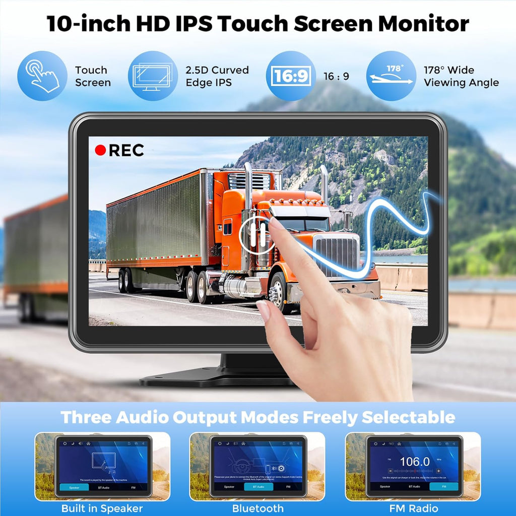 HD1080P Wired Backup Camera System with Apple Carplay & Android Auto,10'' Touch Screen Monitor, 2 Rearview Reverse Cameras, Night Vision, IP68-rated Backup Camera for Trucks, RVs, Trailers
