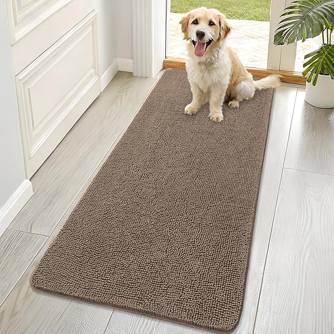 OLANLY Dog Door Mat for Muddy Paws 70x32, Absorbs Moisture and Dirt, Absorbent Non-Slip Washable Doormat, Quick Dry Chenille Mud Mat for Dogs, Entry Indoor Entryway Carpet for Inside Floor, Tan