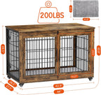 Lulive Dog Crate Furniture, XL Wooden Dog Kennel Indoor Double Doors Dog Cage, 44'' Heavy Duty Dog Crate with Cushion & Wheels, Decorative End Table Pet House Chew-Resistant for Large Dogs, Brown