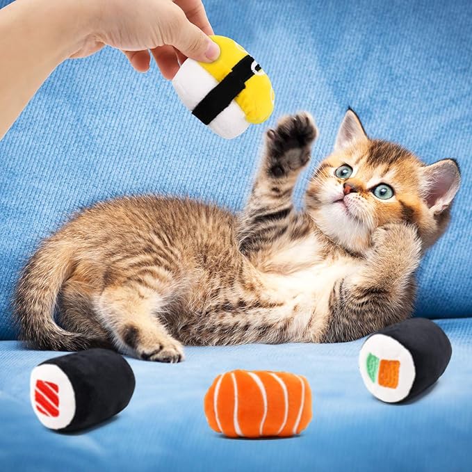 CiyvoLyeen 6 Pack Sushi Cat Toys with Catnip Sushi Roll Pillow Kitten Chew Bite Supplies Boredom Relief Fluffy Kitty Teeth Cleaning Chewing Cat Lovers Interactive Plush