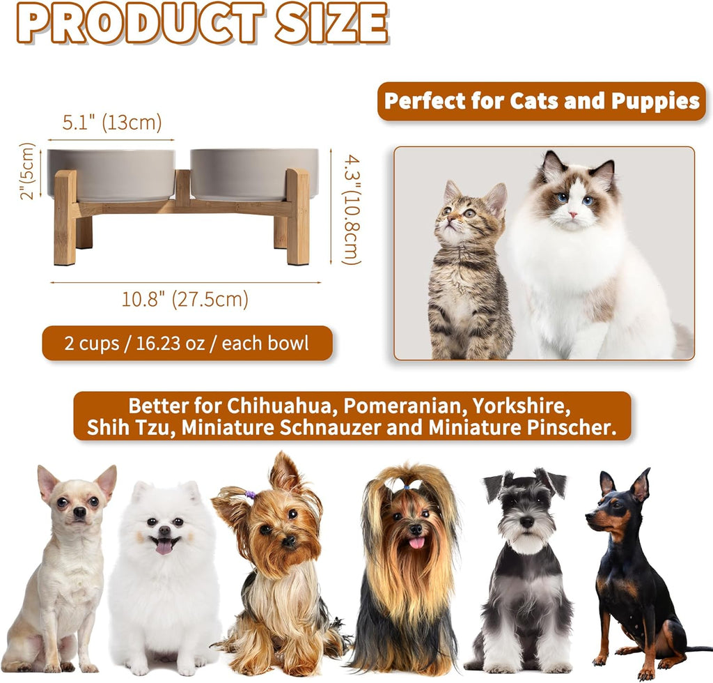 Elevated Ceramic Dog Bowl Set - Raised Feeding Bowls with Non-Slip Bamboo Stand - Small Pet Dishes for Food and Water - Ideal for Cats and Puppies - 16.23 OZ - 2 Cups - 480 ML