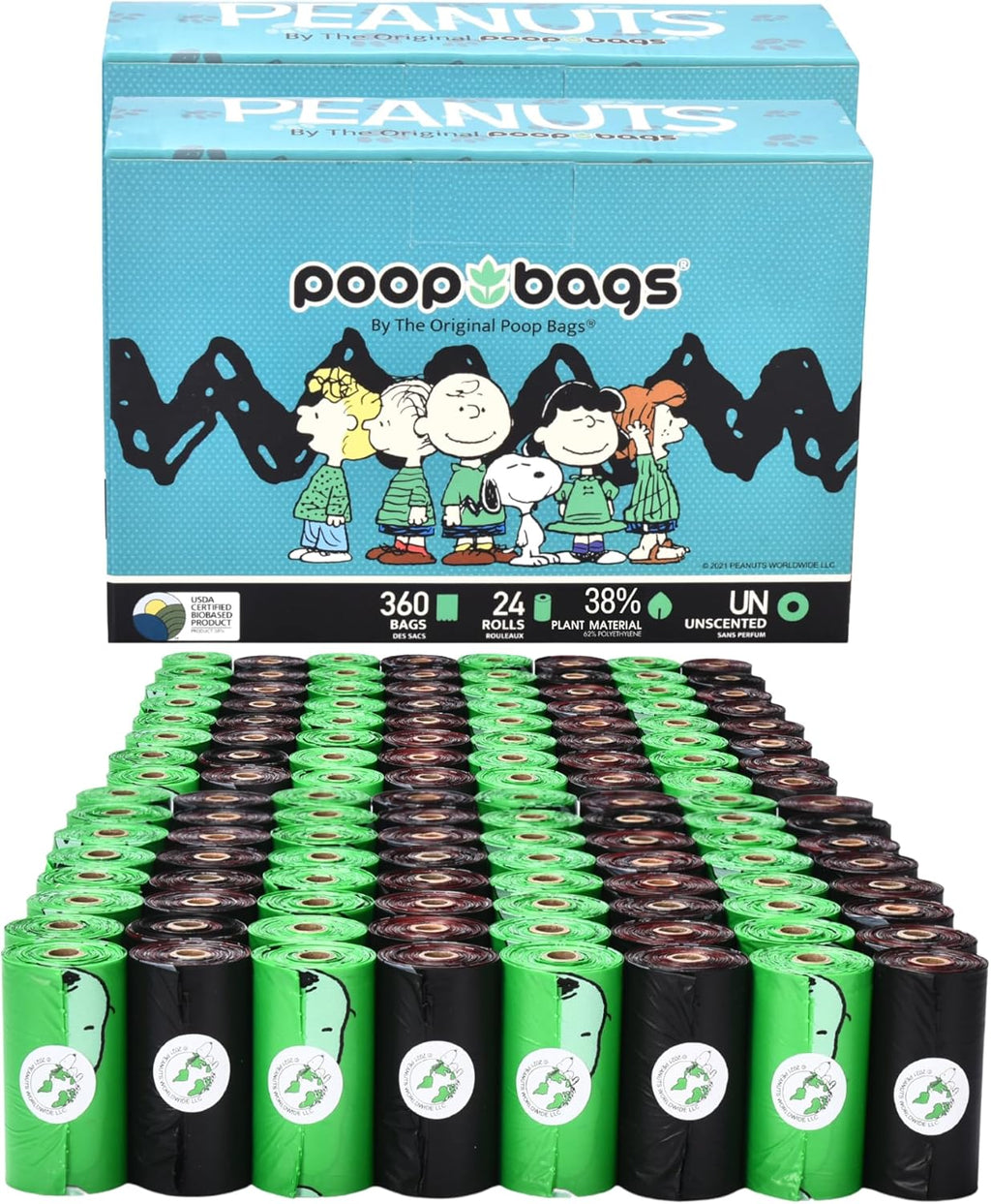 The Original Poop Bags® 38% USDA Biobased Pet Waste Bags, Peanuts Design, Leak-Resistant & Durable, Black/Green (720 Count (Pack of 2))
