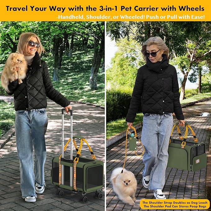 PAWZIDEA Expandable Pet Carrier with Wheels, 18"X11"X11" TSA Airline Approved Cat Carrier for 2 Cats Under Seat, Foldable Soft-Sided Dog Carrier for Small Dogs Rolling Travel Bag, Max Weight 18 lbs