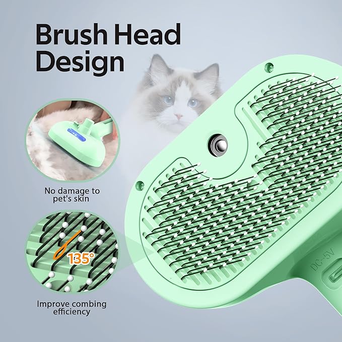 Pet Grooming Brush with Electronic Mist Spray - Gentle Deshedding Tool for Cats & Dogs, Pet Steam Brush，Reduces Shedding, Soft Bristles, Promotes Healthy Coat-Comes with a hair smoothing comb-Greener