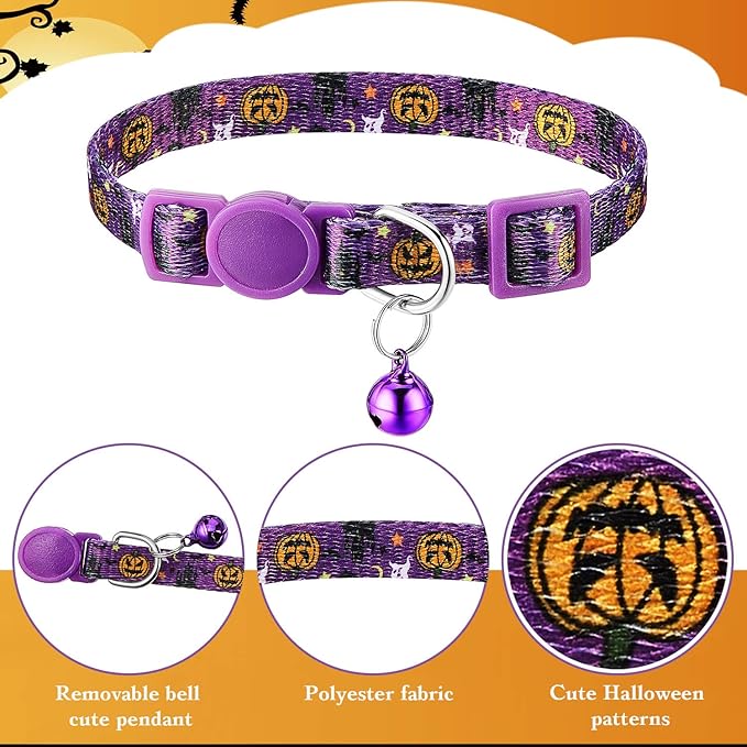Weewooday 6 Pcs Halloween Cat Collar, Breakaway Cat Collars with Bell, Safety Buckle Soft Adjustable Halloween Pet Collar with Pumpkin Ghost Patterns for Kitten Kitty Pet Supplies Christmas Party